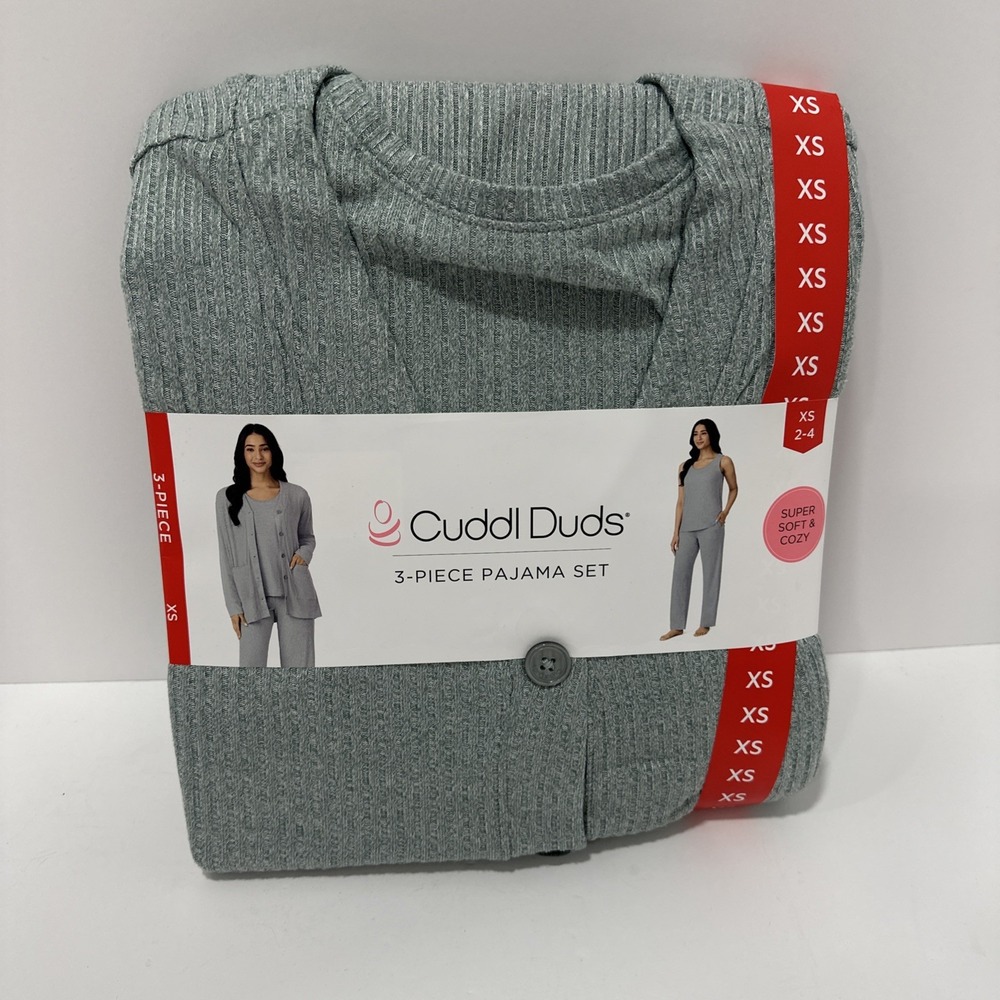 Cuddl Duds Women's Super Soft 3-Piece Ribbed Lounge Set Heather Green XS 2-4 NEW